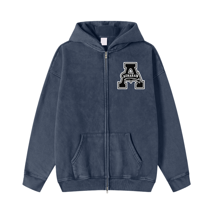 Aonaran Acid Washed Zip Fleece Hoodie Jacket
