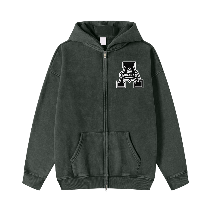 Aonaran Acid Washed Zip Fleece Hoodie Jacket